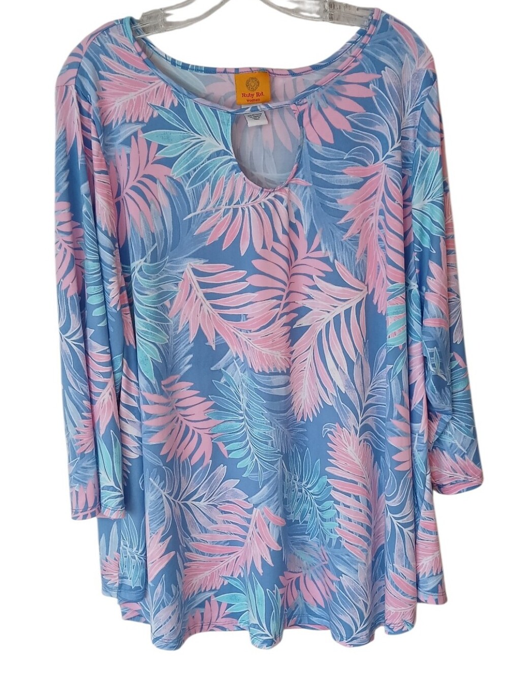 Ruby Rd. Blue And Pink Tropical Leaf Keyhole Top Size 3X